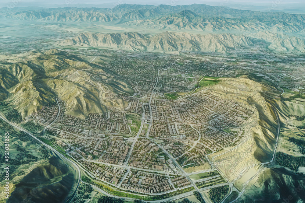 Technical aerial visual, 3D LiDAR GIS aerial map satellite scan model isolated, showing Simi