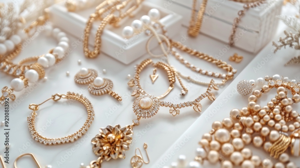 Golden Jewelry with Pearls on a White Background