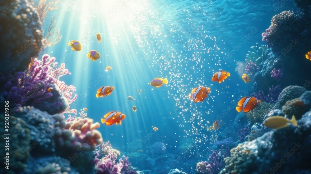 Fototapeta premium Sunbeams Illuminating Tropical Fish and Coral Reef