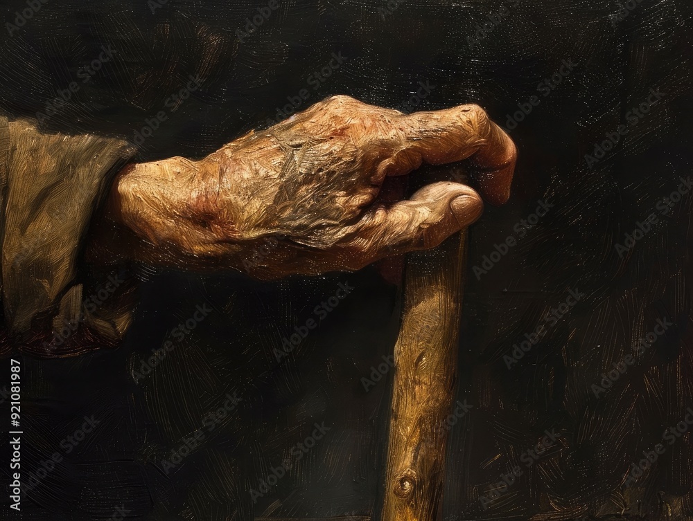 An old, withered hand gripping a cane tightly, refusing to let go, [pain, suffering, persistence], [aging and determination]