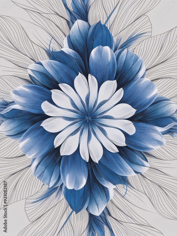 Obraz premium A stunning and captivating floral illustration featuring a harmonious arrangement of large, vibrant blueand white flower
