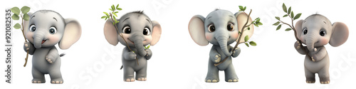 Collection of 3D Cartoon Baby Elephant Holding Branches - isolated on White Transparent Background, PNG 