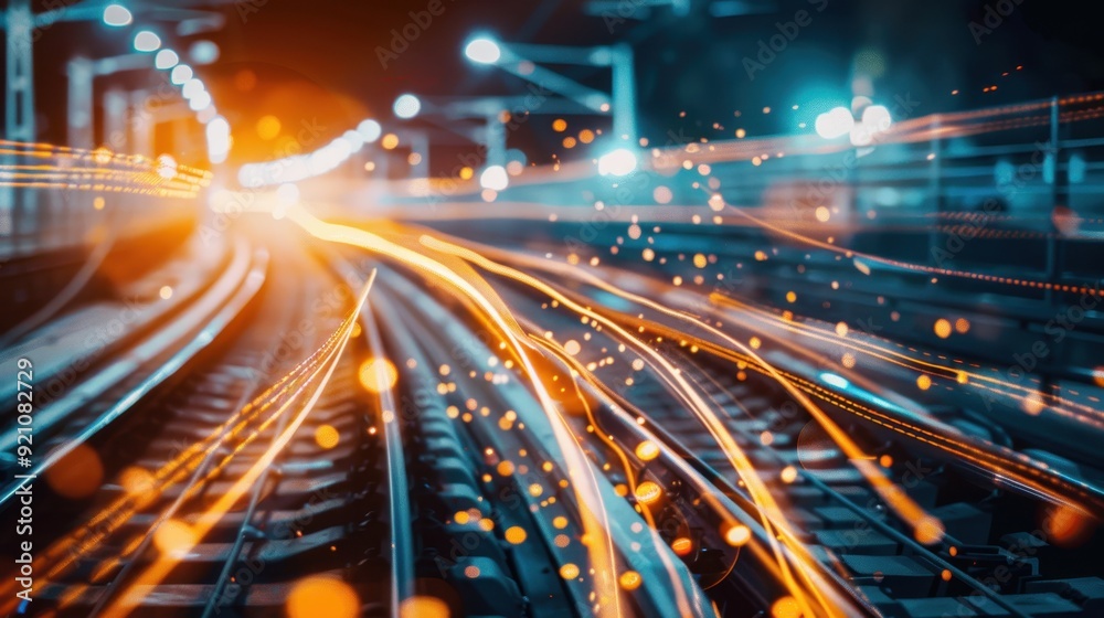 Train Tracks with Light Trails at Night Train Tracks with Light Trails at Night