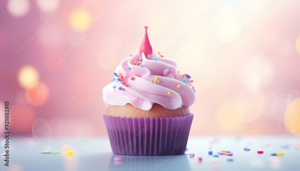 Delicious cupcakes with lit candles and festive sprinkles in a colorful, bokeh background. Delicious cupcakes with lit candles and festive sprinkles in a colorful, bokeh background.