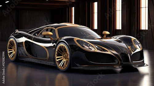 3D sleek black and gold sports car, high-end and luxurious