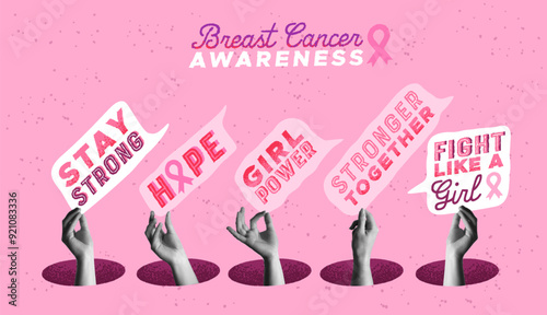 Breast cancer inspiration quotes and human hands in retro collage vector illustration