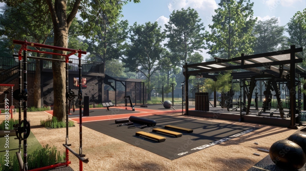 A 3D gym environment featuring an outdoor workout area, with equipment designed for both indoor and outdoor training sessions. A 3D gym environment featuring an outdoor workout area, with equipment designed for both indoor and outdoor training sessions.