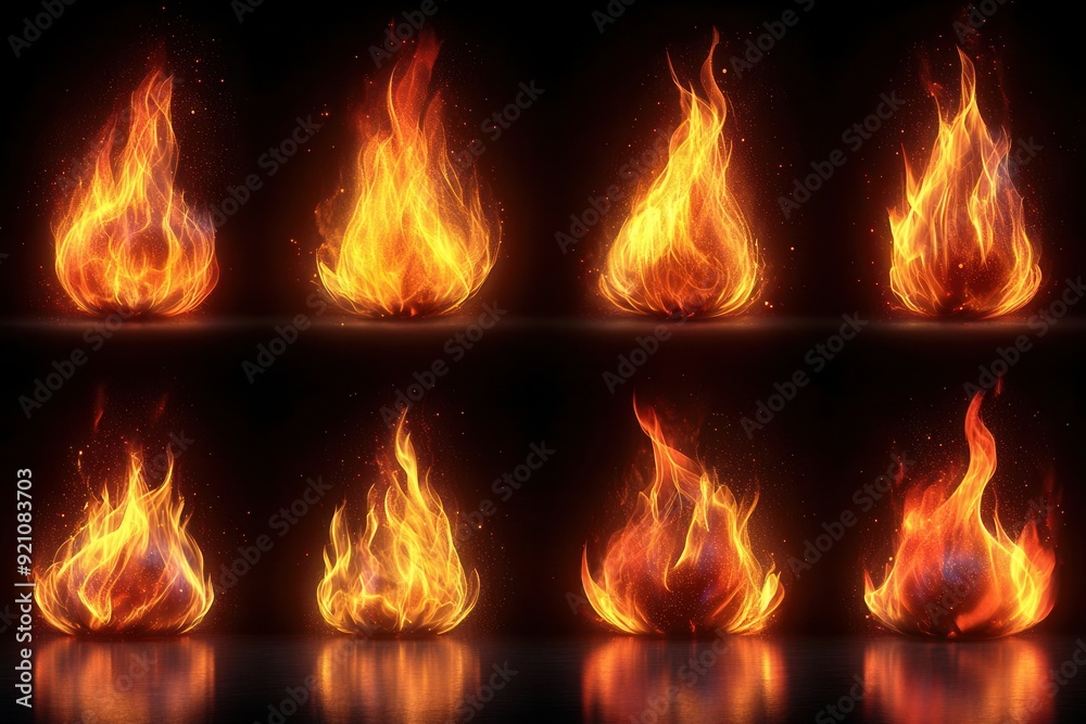 dynamic set of realistic fire flame elements isolated on contrasting backgrounds versatile design assets for creating impactful visuals with fiery energy