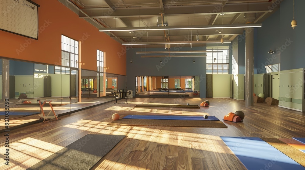 Fototapeta premium A 3D model of a gym studio for group classes, equipped with mats, mirrors, and audio-visual equipment for a dynamic workout experience.