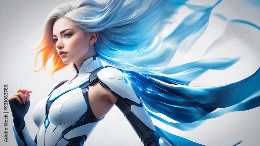 Young woman with colored hair dressed in a futuristic sleek white high tech suit Young woman with colored hair dressed in a futuristic sleek white high tech suit