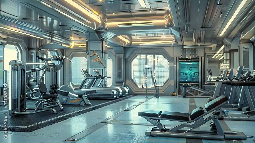 A 3D rendering of a futuristic gym, equipped with the latest fitness technology and smart workout machines. A 3D rendering of a futuristic gym, equipped with the latest fitness technology and smart workout machines.
