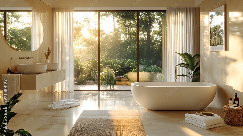 Spacious and serene bathroom design in high-resolution panoramic view, showcasing clean surfaces and soothing tones.