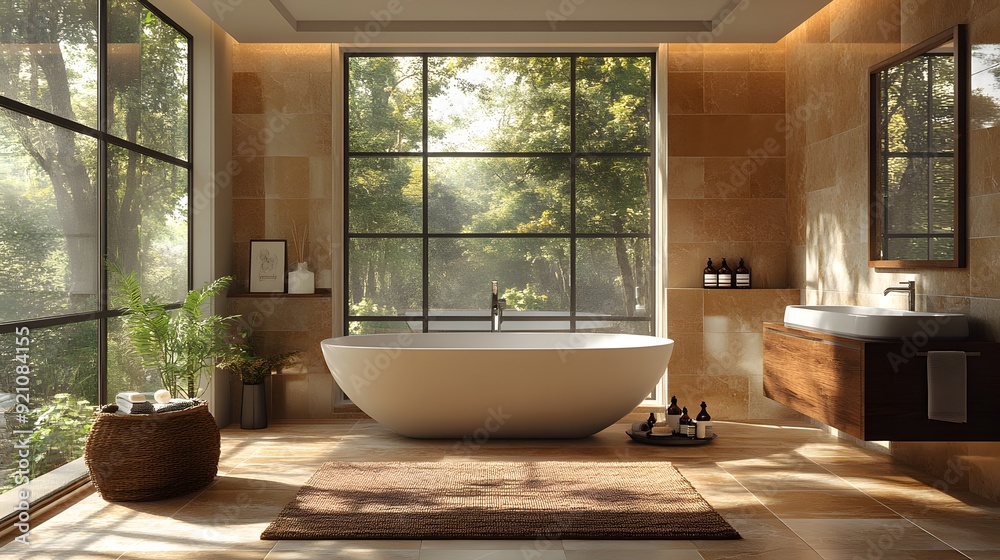 Elegant bathroom interior with a focus on comfort and cleanliness, captured in a high-resolution panoramic image. Elegant bathroom interior with a focus on comfort and cleanliness, captured in a high-resolution panoramic image.
