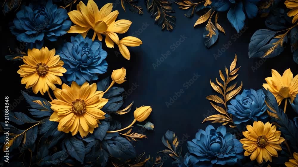 Elegant floral composition with stylized black and golden flowers and leaves Elegant floral composition with stylized black and golden flowers and leaves