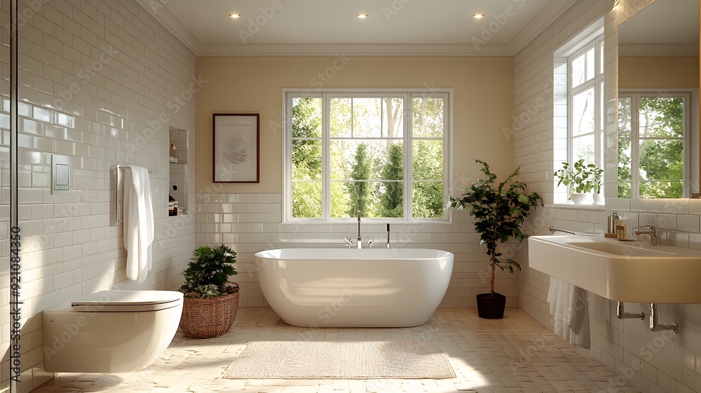 Fototapeta premium Spacious bathroom design with soothing colors and clean lines, perfect for high-resolution panoramic imagery.