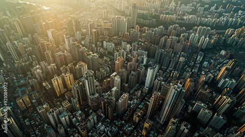 A bird's eye view of a sprawling metropolis, where buildings of varying heights and styles create a complex urban tapestry.