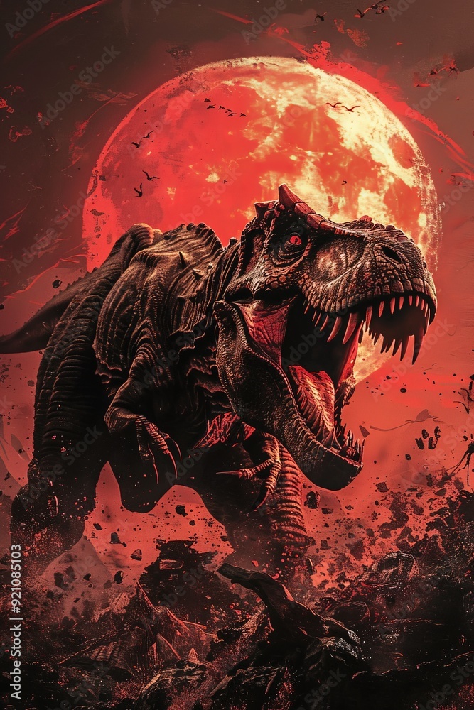 A brutal, horned Tyrannosaurus Rex roars fiercely under a red sun, its demonic form and primal savagery captured in dramatic anime art. A brutal, horned Tyrannosaurus Rex roars fiercely under a red sun, its demonic form and primal savagery captured in dramatic anime art.