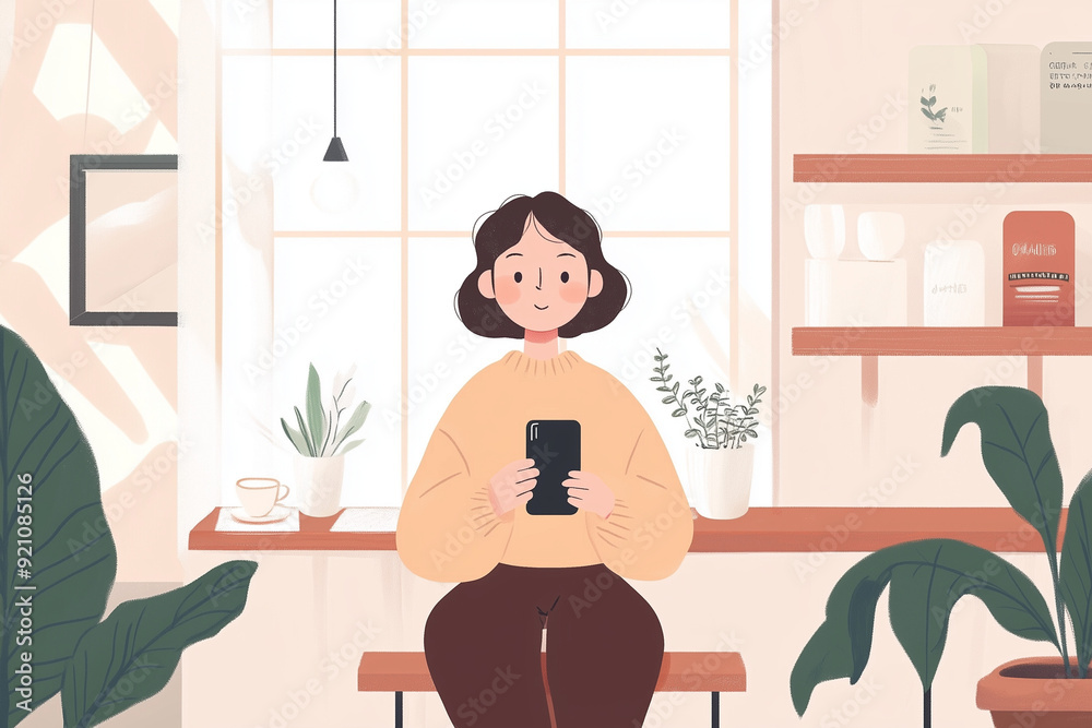 カフェでスマホやパソコンを見る女性のイラスト