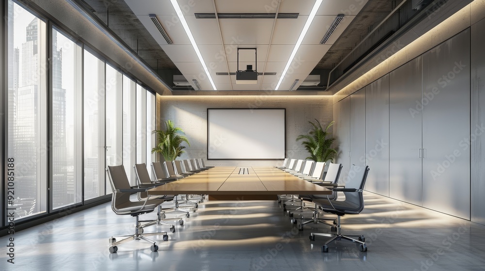 A business office conference room with a large table, ergonomic chairs, and a digital whiteboard. A business office conference room with a large table, ergonomic chairs, and a digital whiteboard.