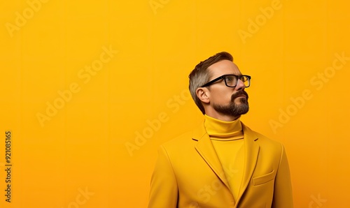 A man in a bright yellow suit and glasses gazes thoughtfully against a yellow background.