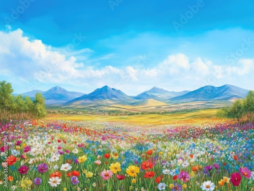 Serene Meadow with Blooming Wildflowers and Mountains