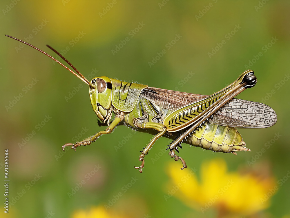 A green grasshopper is flying through the air A green grasshopper is flying through the air