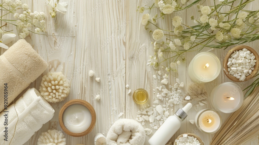Beautiful spa treatment composition such as Towels, candles, essential oils, Massage Stones on light wooden background. blur living room, natural creams and moisturizing Healthy lifestyle, body care Beautiful spa treatment composition such as Towels, candles, essential oils, Massage Stones on light wooden background. blur living room, natural creams and moisturizing Healthy lifestyle, body care