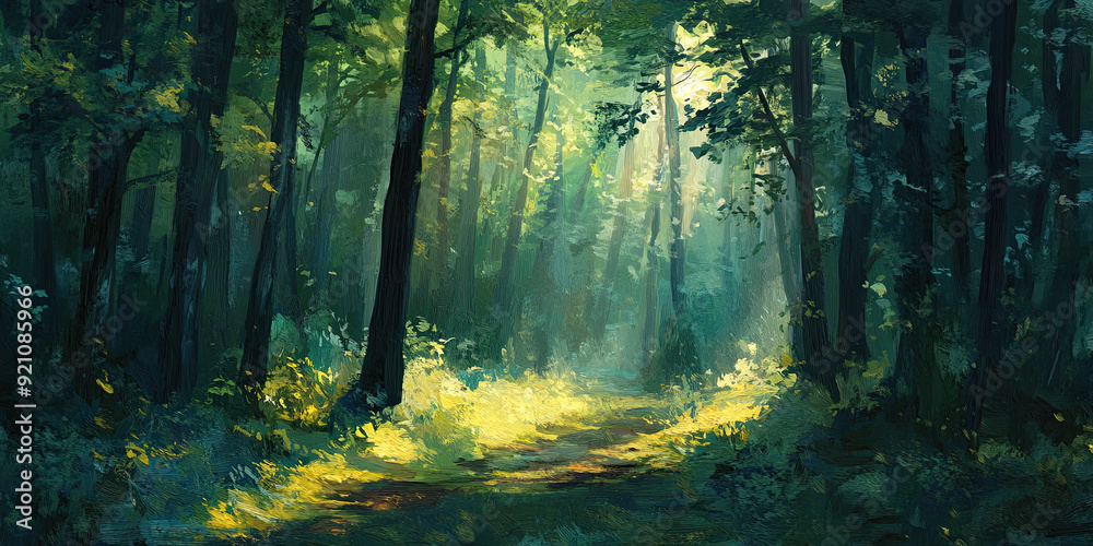 Fototapeta premium Forest background illustration art, artistic woodland abstract style, nature cubism Impressionism artwork woods tree patterns, generated ai