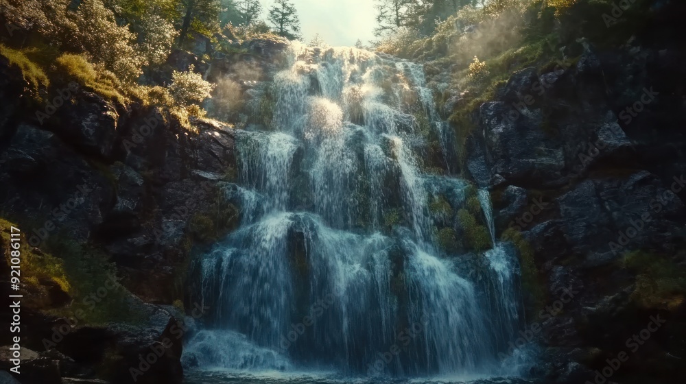 A Powerful Waterfall Cascading Through Rocky Cliffs A Powerful Waterfall Cascading Through Rocky Cliffs