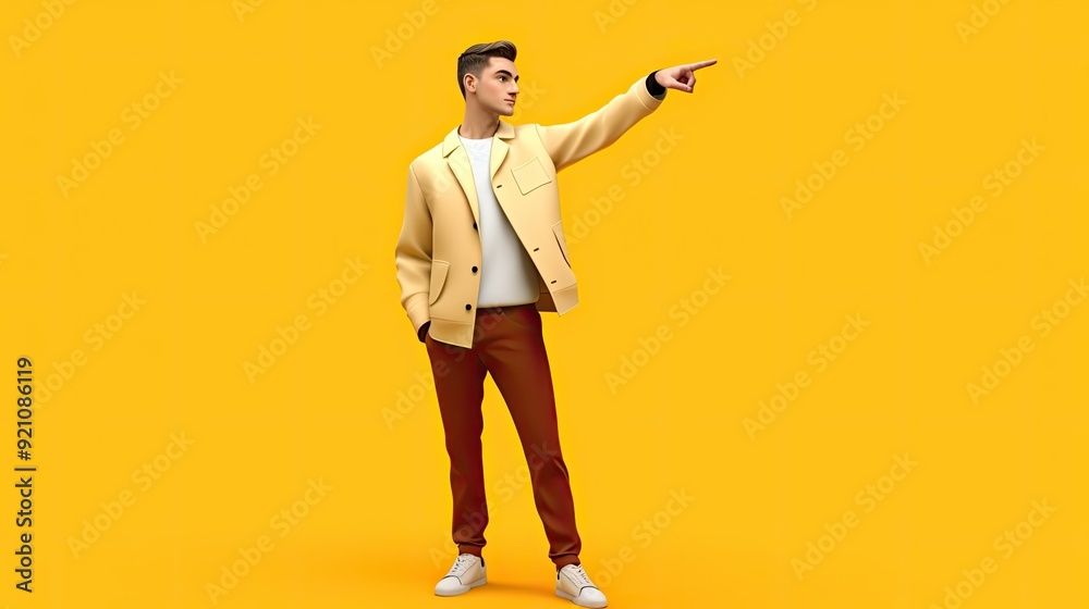 A young man in a yellow jacket points towards the right against a bright yellow background. A young man in a yellow jacket points towards the right against a bright yellow background.