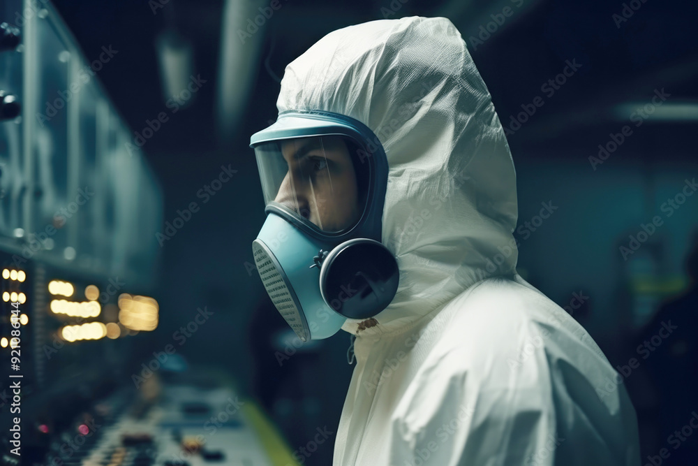 Person in hazmat suit with gas mask in industrial facility, concept of safety and protection Person in hazmat suit with gas mask in industrial facility, concept of safety and protection