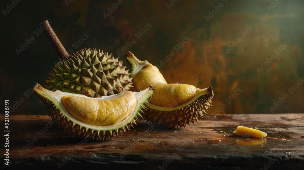 Durian Fruit on Wooden Table Still Life Durian Fruit on Wooden Table Still Life