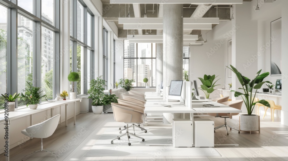Fototapeta premium Bright Open Office with Large Windows and Greenery