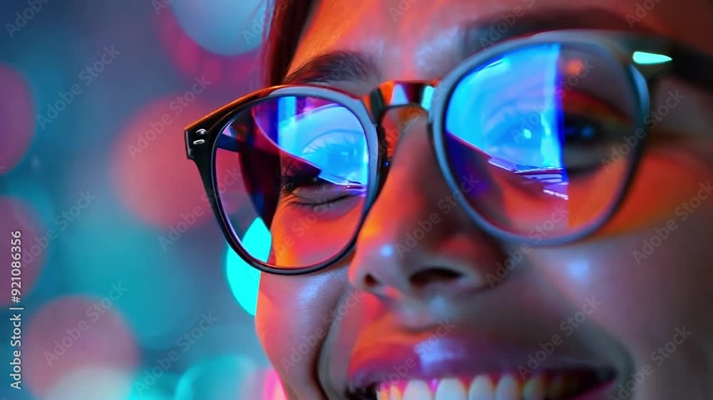 Smiling, gorgeous Hispanic woman seeing an immersive future display at a contemporary museum featuring the greatest in lasers, lights, and innovation Smiling, gorgeous Hispanic woman seeing an immersive future display at a contemporary museum featuring the greatest in lasers, lights, and innovation