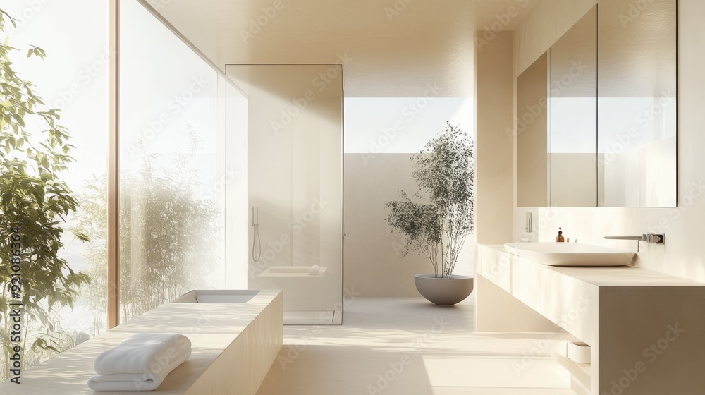 Fototapeta premium Minimalist Bathroom with Large Window and Nature View