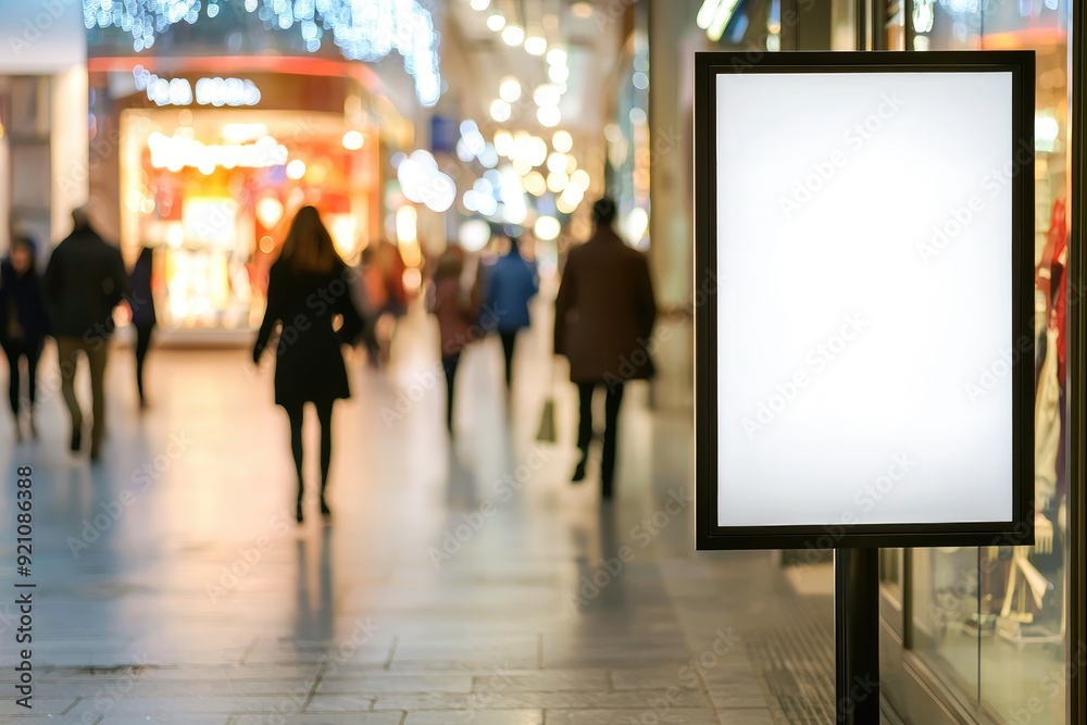 An empty white billboard positioned at the entrance of a bustling retail store, with blurred people walking by in the background An empty white billboard positioned at the entrance of a bustling retail store, with blurred people walking by in the background