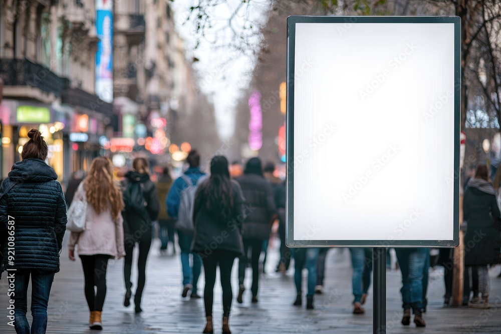 A blank white billboard positioned on a busy pedestrian street, with blurred passersby and storefronts in the background A blank white billboard positioned on a busy pedestrian street, with blurred passersby and storefronts in the background