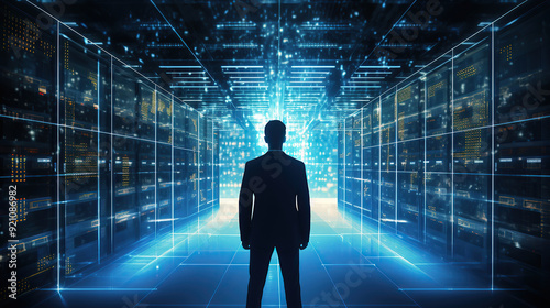 Silhouette of IT Engineer in big database server center office, High Speed Data Transfer, Server Transfer, Technology Science Breakthrough, Progress, Innovation Concept. Generative AI