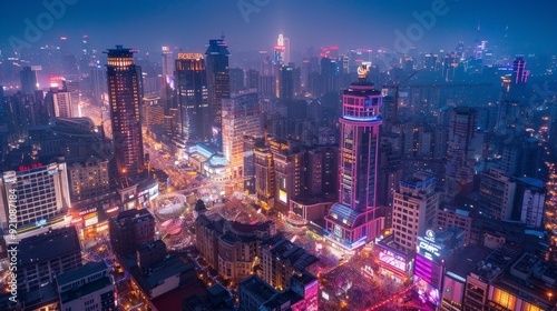 A city in the midst of a festival, with buildings decorated with lights and banners. The architecture ranges from modern high-rises to historic landmarks, each adding to the festive atmosphere.