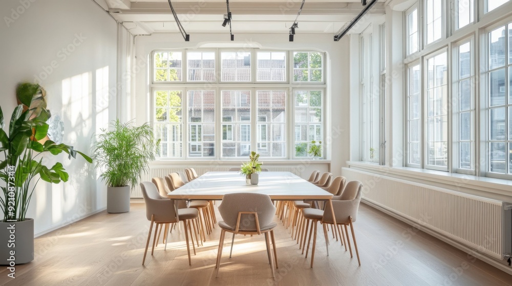 Fototapeta premium Bright Meeting Room with Large Windows and Plants