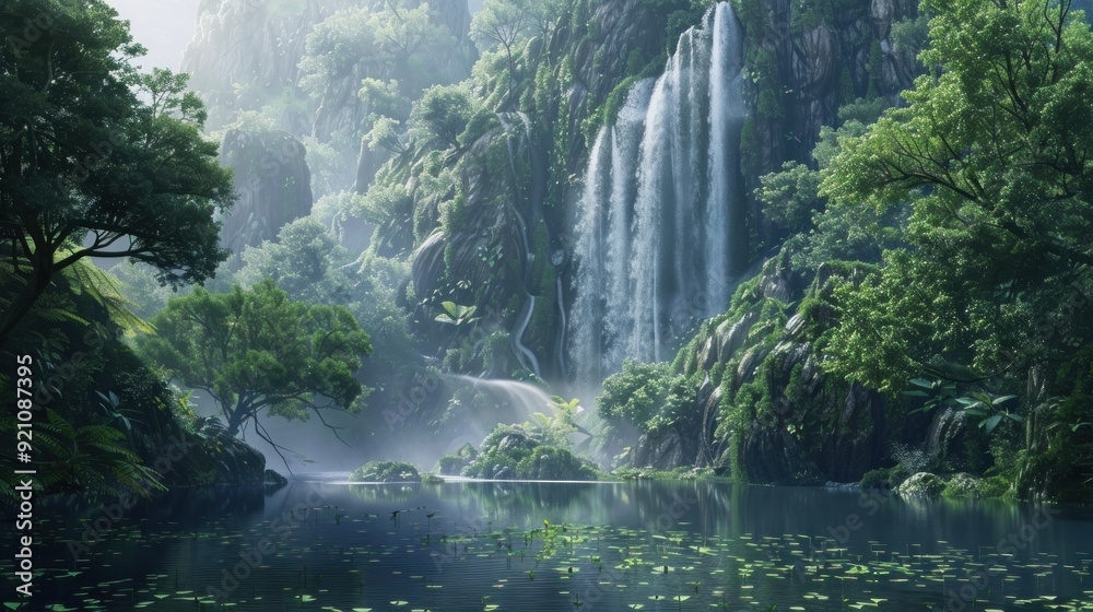 Serene Waterfall in a Lush Rainforest Serene Waterfall in a Lush Rainforest