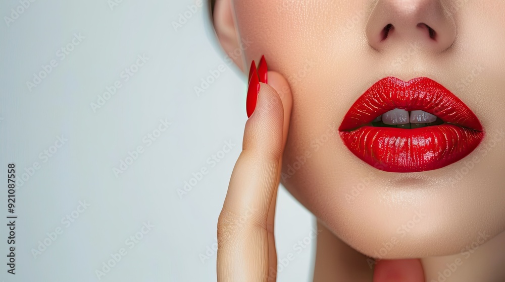 Close-up of a Woman's Red Lips and Finger Close-up of a Woman's Red Lips and Finger