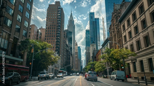 A city road with a mix of modern skyscrapers and historic buildings, illustrating the architectural diversity of the city.