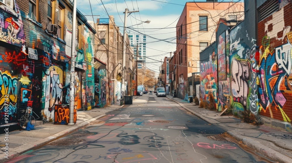 Fototapeta premium A city road with street art and murals, adding color and creativity to the urban landscape.