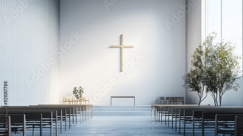Minimalist Church Interior with Illuminated Cross