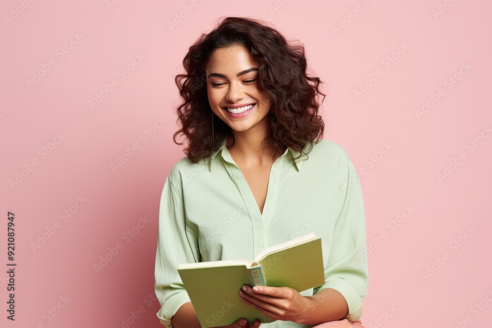 A smiling woman reading a book against a pink background. A smiling woman reading a book against a pink background.