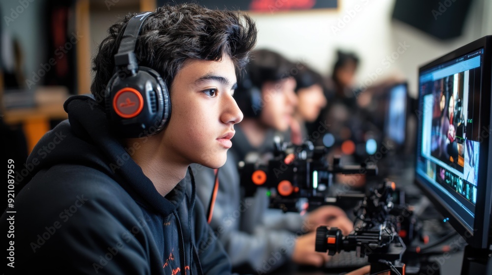 A focused young male streamer with headphones and gaming setup, editing video content on a computer, perfect for educational, gaming, or streaming platform promotions, A focused young male streamer with headphones and gaming setup, editing video content on a computer, perfect for educational, gaming, or streaming platform promotions,