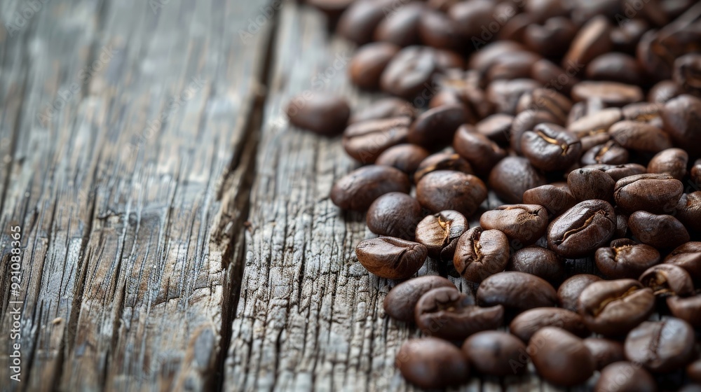 A close-up view of coffee beans scattered on a rustic wooden surface.