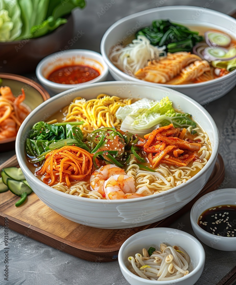 Korean bowl of white noodles topped with shrimp, carrots, and greens. additional small bowls with kimchi with shrimp, traditional Asian cuisine Korean bowl of white noodles topped with shrimp, carrots, and greens. additional small bowls with kimchi with shrimp, traditional Asian cuisine