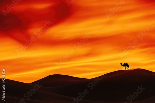 Solitary Camel Against Dramatic Sunset Desert Scene